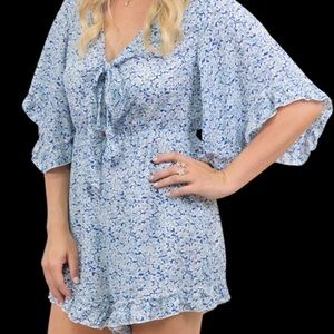Simpley Blue Ditsy Floral Tie-Front Romper - Boho Bell Sleeves - Size Small
